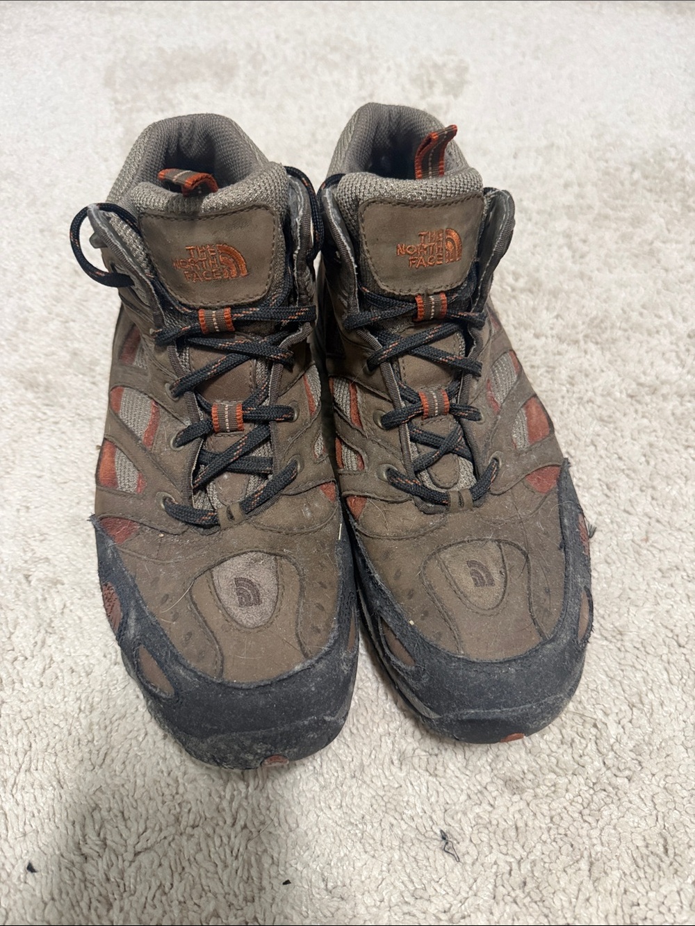 The North Face Olive Brown Hiking Sneakers with Orange Accents